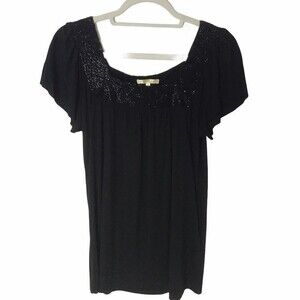 Black Beaded Short Sleeve Dressy Top